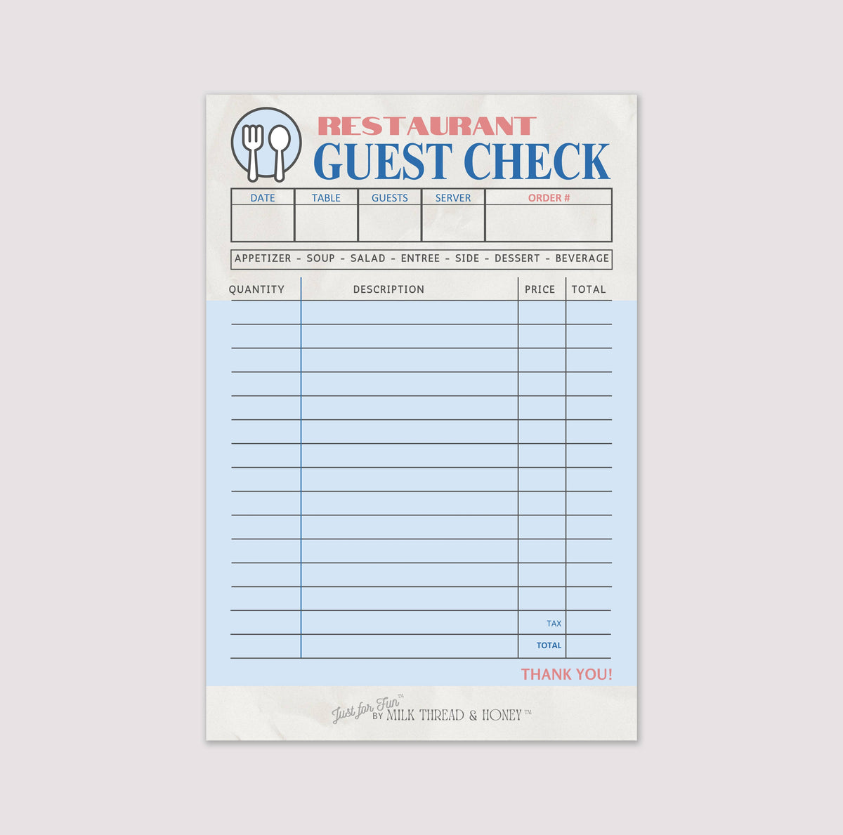 Pretend Play Restaurant Check Notepad