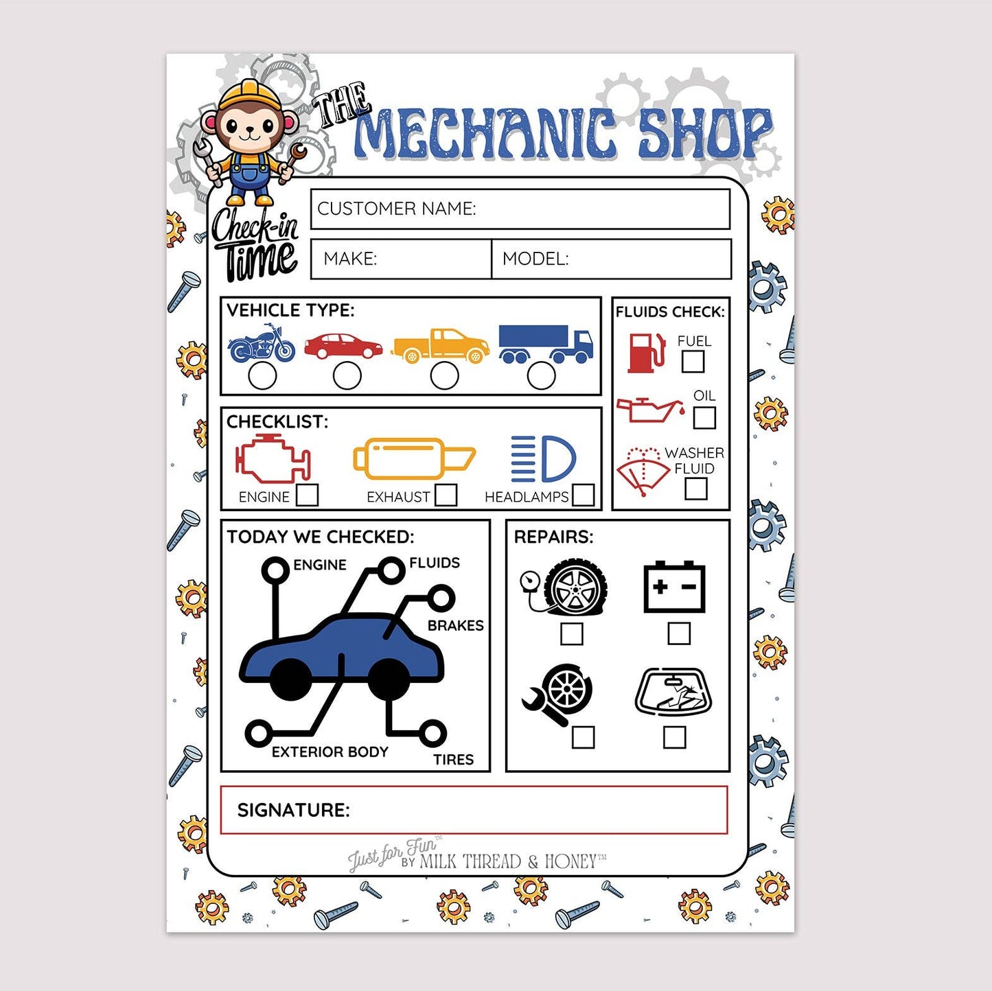 Pretend Play Mechanic Checklist Notepad