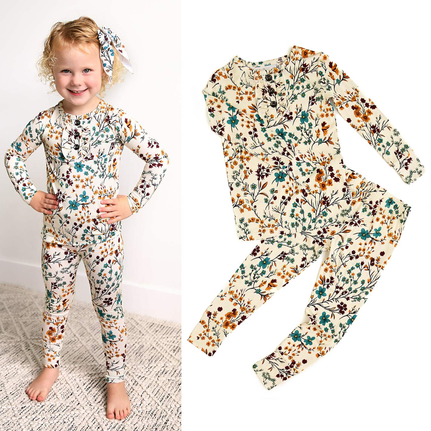 Maren Floral RUFFLE TWO PIECE Bamboo Kids Lounge Set