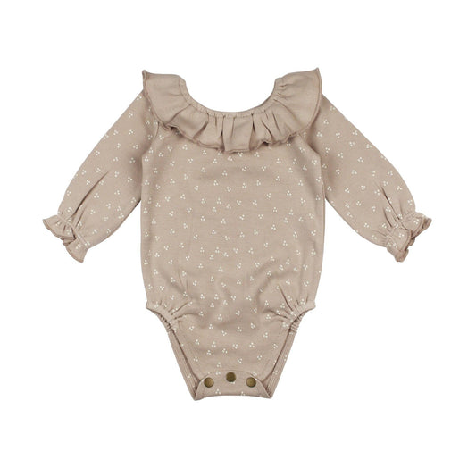Organic Ruffle Neck Bodysuit in Oatmeal Dots