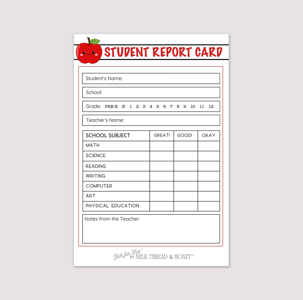 Pretend Play Teacher Report Card Notepad