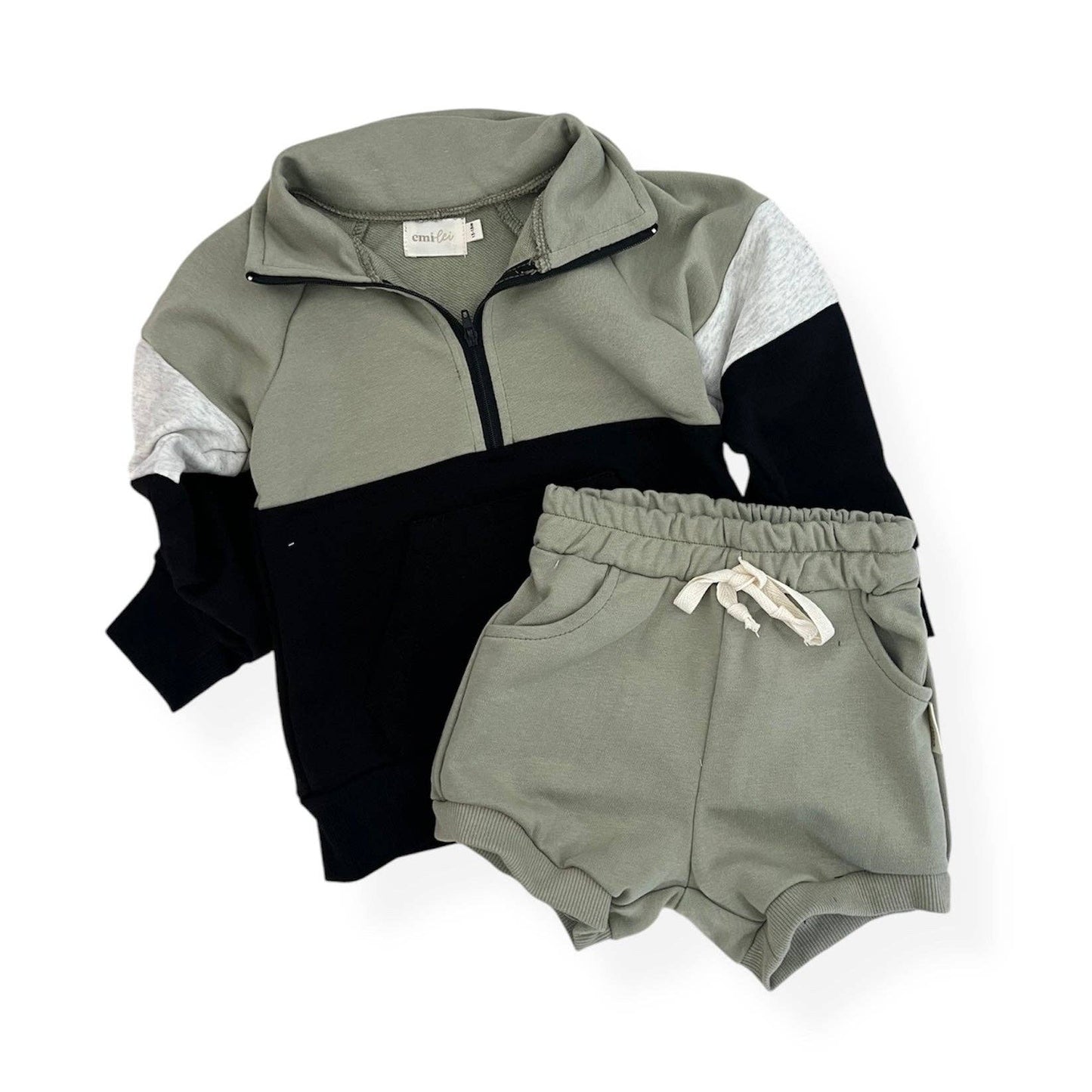 Half Zip & Short Set | Olive & Black Color Block