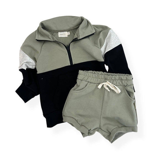Half Zip & Short Set | Olive & Black Color Block