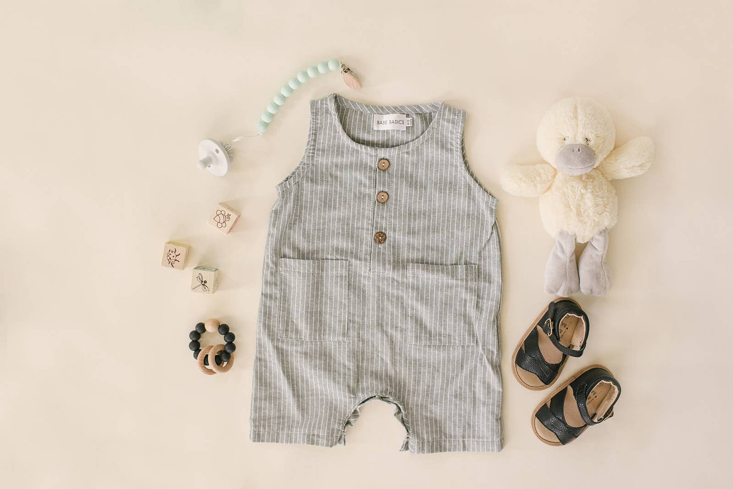 Grey & White Striped Sleeveless Crop Linen Baby Romper